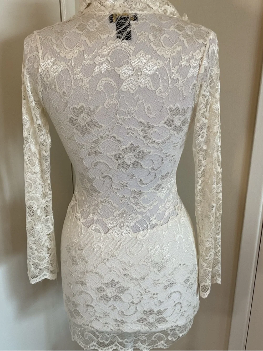 Sentimental NY Cream Lace Bodycon Dress Small Ruffle Collar Made in USA - Picture 5 of 7